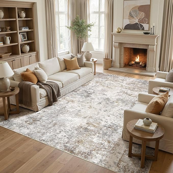 UERMEI Square Area Rugs : Washable 12x12 Neutral Modern Abstract Carpet for Living Room Bedroom - Soft Floor Mat with Non Slip Backing for Kitchen Nursery Dorms Farmhouse Home Decor - Brown Grey