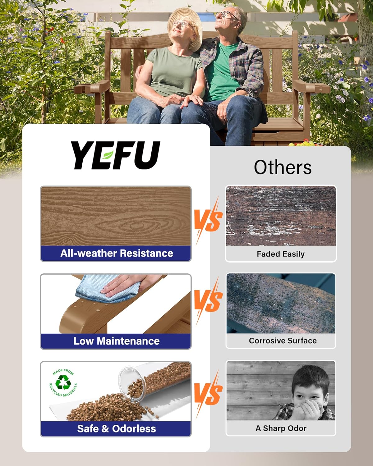 YEFU Outdoor Storage Bench for Patio: Heavy Duty Garden Bench with 96° High Backrest & Oversized Seating - HIPS Weatherproof Patio Bench with Storage for Porch Park Backyard, Teak