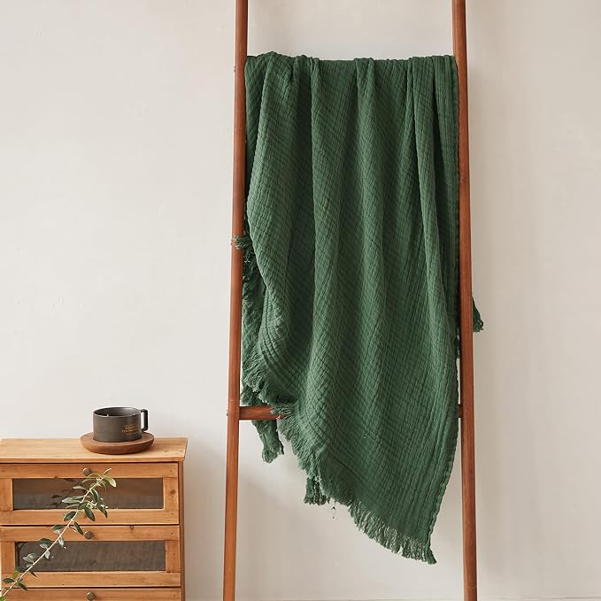 FALUCA Cotton Muslin Throw Blanket 50x60 Inches for Bed, Couch, Knit Woven Gauze Blanket, Soft Lightweight Cozy Breathable Farmhouse Decoration for All-Season, Olive Green