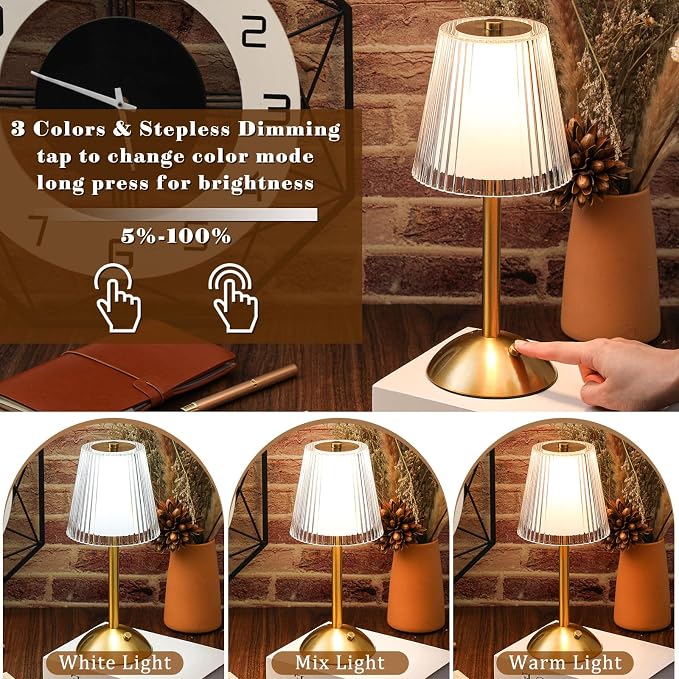 Liliful 4 Pcs Cordless Table Lamp Rechargeable Touch LED Small Gold Portable Battery Operated USB-c Desk Lamp 3 Color Dimmable for Bedroom Living Room Dining (Gold,Hollow Lined Style)