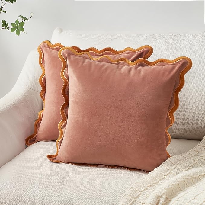 MONDAY MOOSE Decorative Throw Pillow Covers Cushion Cases, Set of 2 Soft Velvet Scalloped Wavy Edge Designs, Mix and Match for Home Decor, Pillow Inserts Not Included (20x20 inch, Pink/Honey)
