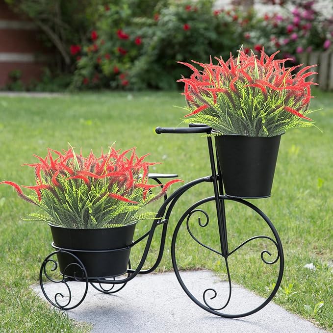 Grunyia 10 Bundles Artificial Plants Outdoor Fake Grass with Flowers UV Resistant Greenery Garden Porch Window Box Decorating (Red)