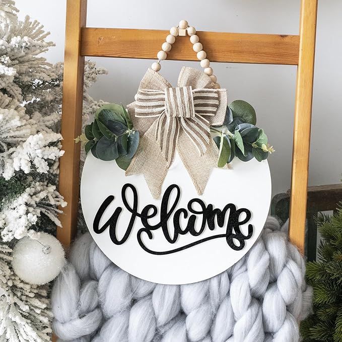 Welcome Sign for Front Door Wreath Decorations for All Seasons Front Porch Decor Hanging Gift for Farmhuose Home Outdoor Indoor (White-Welcome)
