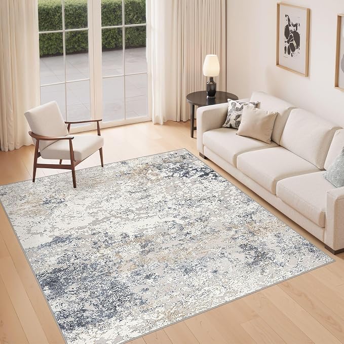 DMOYEST Square Area Rug Living Room Rugs - 8x8 Washable Large Soft Indoor Neutral Modern Abstract Low Pile Rug Carpet for Bedroom Dining Room Farmhouse Home Office - Beige Blue
