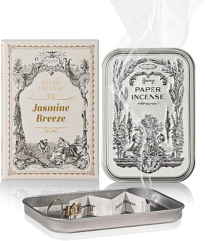 Paper Incense - 48pcs with Vintage Tin Case, Burning Papers Infused with Natural Essential Oils, Quick Usage & Long-Lasting Fragrance, Eliminating Bathroom, Kitchen, Pet Odors - Jasmine Breeze