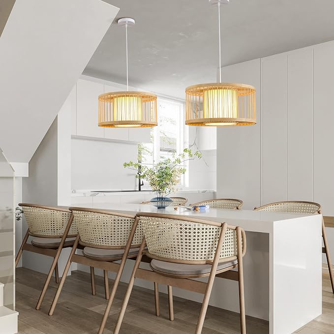 Boho Rattan Pendant Lights, 15.8" Coastal Drum Wicker Hanging Light Japanese Country Light for Dining Room Kitchen Living Room Bedroom, 1-Light E26 Base