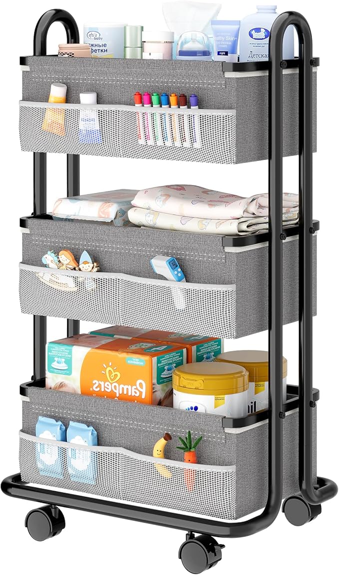 3-Tier Baby Diaper Caddy Organizer Cart, Mobile Nursery Storage Carts with Wheels, 3 Dividers & 6 Mesh Pockets Durable Metal Utility Cart for Nursery, Bedroom, Bathroom, Baby Essentials Organization