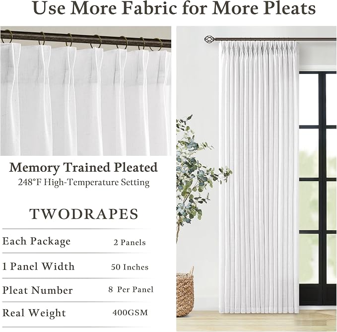Memory Trained Curtains 100 Inches Long for Living Room 2 Panels Set Rustic Farmhouse Thick Linen Textured Rings Hooks Back Tab Pinch Pleated 100 Inch Curtain Drapes for Dining Bedroom Snow White