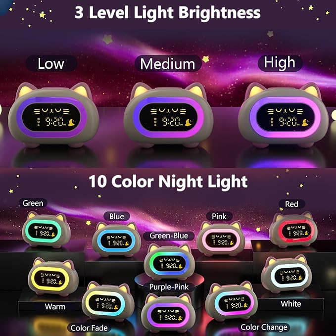 ANALOI Alarm Clock for Kids, Kids Alarm Clocks for Girls with Sleep Training Dual Alarm Eye Protection Auto Off Timer 10 Color Night Light, Cat Ok to Wake Clock, Gifts for Kids Girls