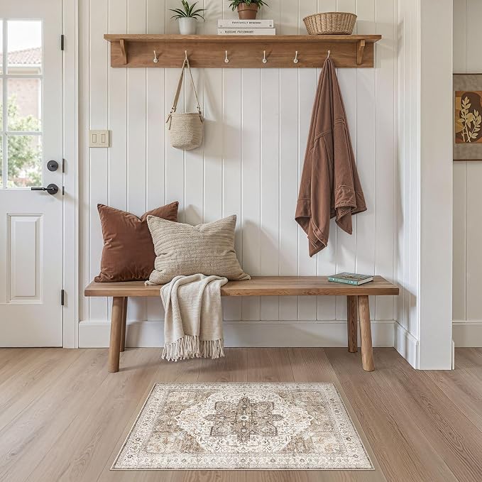 Tortania Area Rug 2x3 Doormat - Washable Vintage Oriental Farmhouse Soft Thin Indoor Carpet for Living Room Bedroom Hallway Entryway Kitchen - Brown