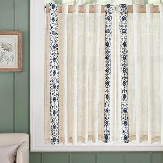jinchan Small Window Curtains 54 Inch Length Linen Cafe Curtains for Kitchen Bathroom Floral Embroidered Short Drapes Rustic Farmhouse Light Filtering Curtain Set 2 Panels Blue on Beige