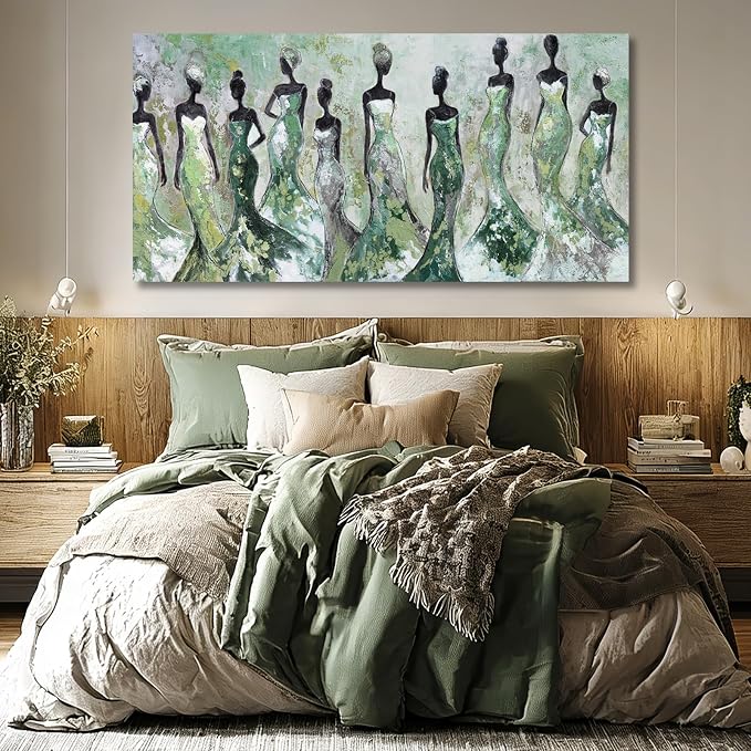 Dolidoteart Green Abstract Figure Wall Art, Black Modern Horizontal Canvas Print for Living Room, Bedroom, Dining Room or Office, Aesthetic Fashion Artwork, 24x48 Inch
