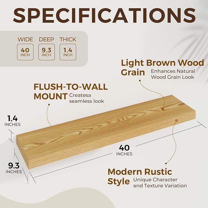 Dreamland 40Inch Floating Shelves for Wall 9.3" Deep Light Brown Set of 2 | Wall shelves for bathroom, bedroom, Living Room, kitchen, deep wall mount wood storage display for home decor 40" x 9.3"