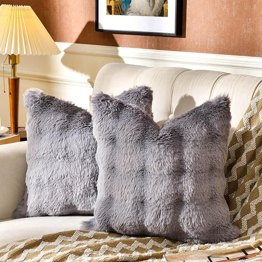 AmHoo Pack of 2 Throw Pillow Covers 3D Dense Faux Rabbit Fur Cozy Super Soft Fuzzy Set Case Cushion for Couch Sofa Bedroom 18 x 18-Inch Grey