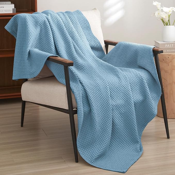 PHF Pre-Washed 100% Cotton Waffle Weave Throw Blanket for Couch, Lightweight Breathable Bed Blanket for Spring Summer, Snag Proof Machine Washable, Home Decor Gift - Dusty Blue
