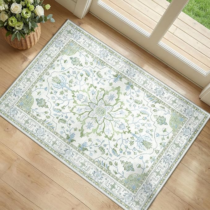 RELEANY Area Rugs 2'x3' Kitchen Rugs Entry Rug Small Rugs for Entryway Kitchen Bathroom Door Mat Indoor Entrance,Washable Non Slip, Green White Blue
