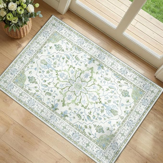 RELEANY Area Rugs 2'6''x4' Kitchen Rugs Entry Rug Small Rugs for Entryway Kitchen Bathroom Door Mat Indoor Entrance,Washable Non Slip, Green White Blue