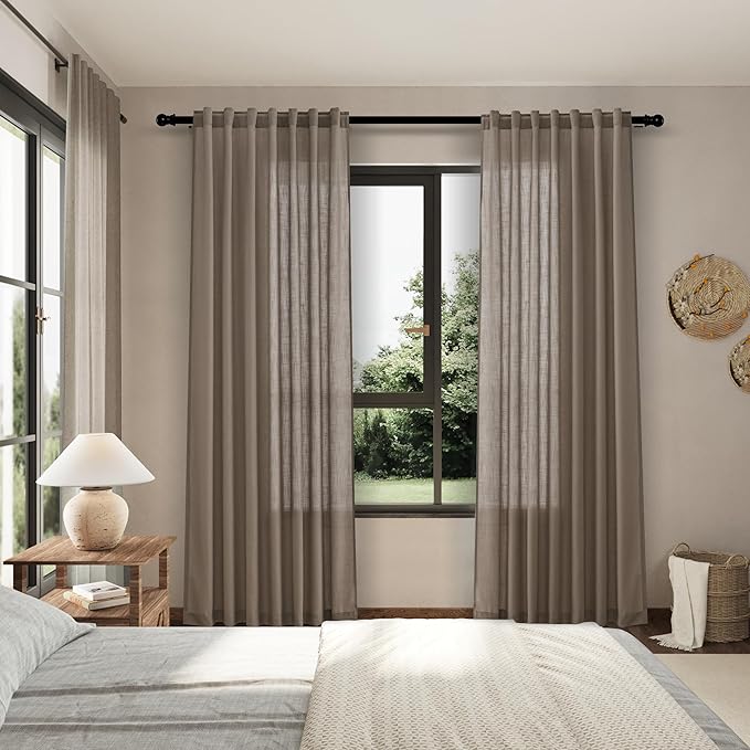 Nanspring Dark Taupe Semi Sheer Curtains 72 Inches Long 2 Panels Set for Bedroom Back Tab Rod Pocket Light Filtering Privacy Drapes Cotton Linen Textured Farmhouse Living Room Curtain 52X72 Inches