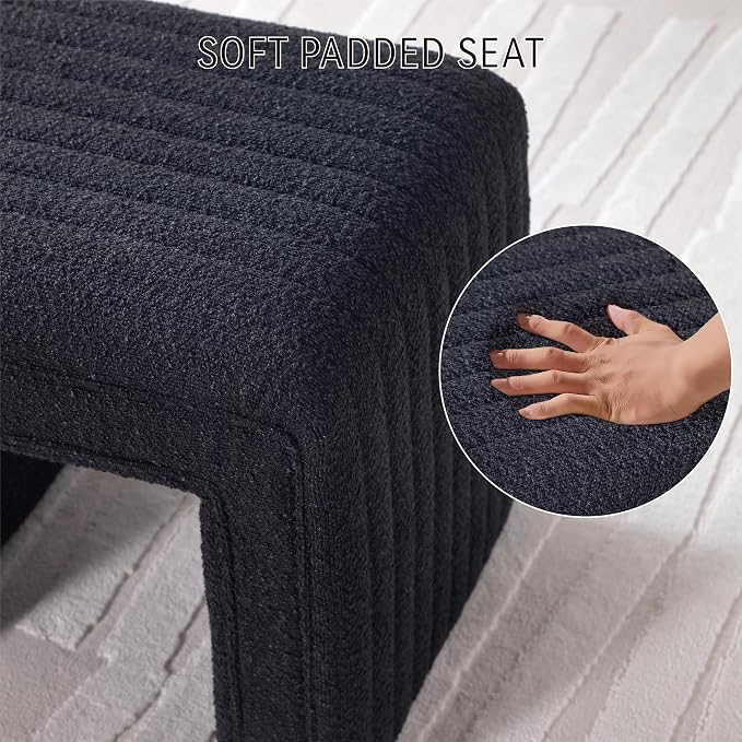 Get Set Style Vanity Stool Chair,Modern Boucle Ottoman Foot Stool with Wooden Legs Sofa Bench Footstool Extra Seat for Vanity,Makeup Room,Living Room,Entryway,Office (Fully Assembled) (Black)