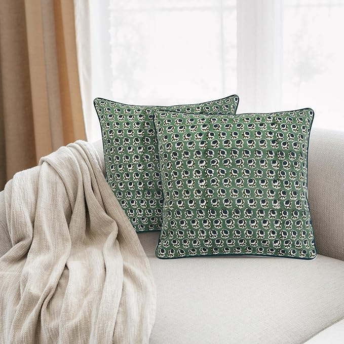Ridhi Block Print Basil Green Pillow Cover 18" x 18" (Pack of 2) Decorative Couch Pillows for Living Room, Chic Boho Cute Outdoor Pillows Covers Gifts for Spring, Easter and Valentine