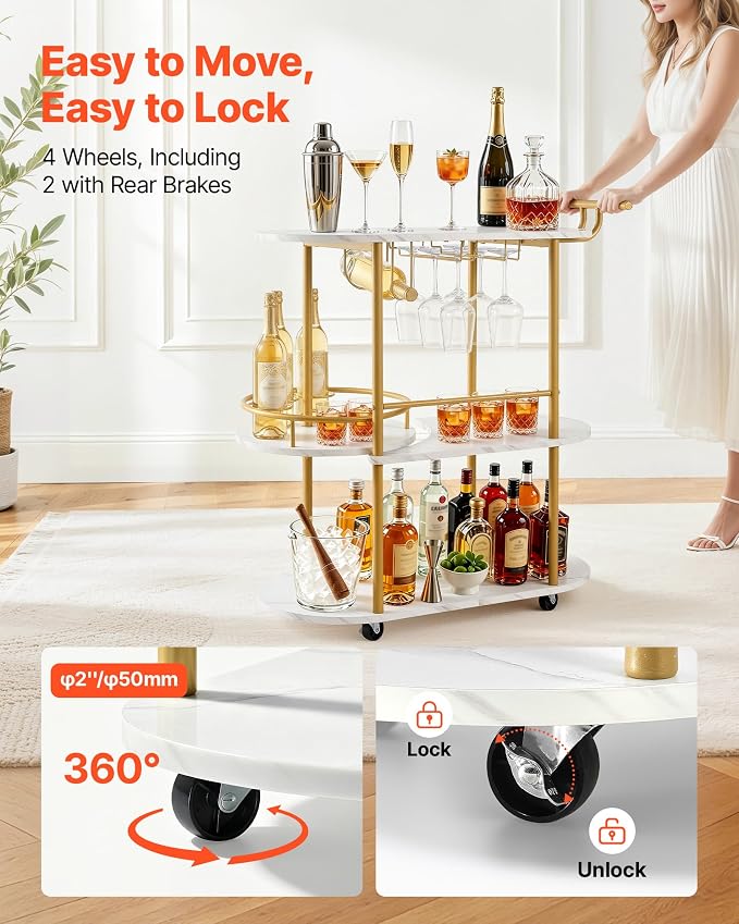 VEVOR Bar Cart, 3 Tiers Home Kitchen Serving Carts, Modern Round Rolling Utility Station on Wheels, Mobile Drink Beverage Trolley w/Wooden Shelf, Wine Rack, Glass Holder, for Living Dining Room, Gold