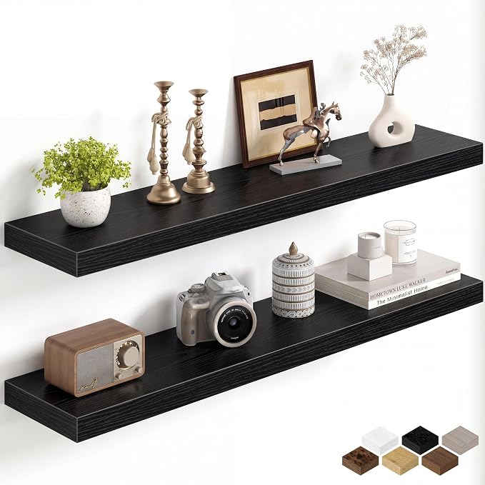 Fun Memories 40Inch Floating Shelves for Wall, 8 Inch Deep Shelves for Bathroom|Bedroom|Kitchen, Large Wall Mounted Wood Hanging Shelf with Invisible Brackets for Home Storage Decor, Black - 2 Pack