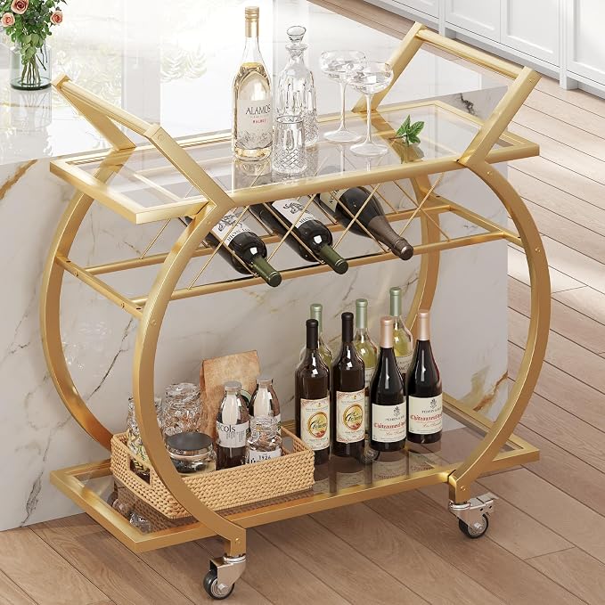 LVB Gold Bar Cart with Glass, Bar Cart with Wheels, Wine Cart with 2 Tier Storage Glass Shelves Home Bar Serving Cart with Wine Rack, Liquor Cart for Kitchen, Bar, Dinning Room