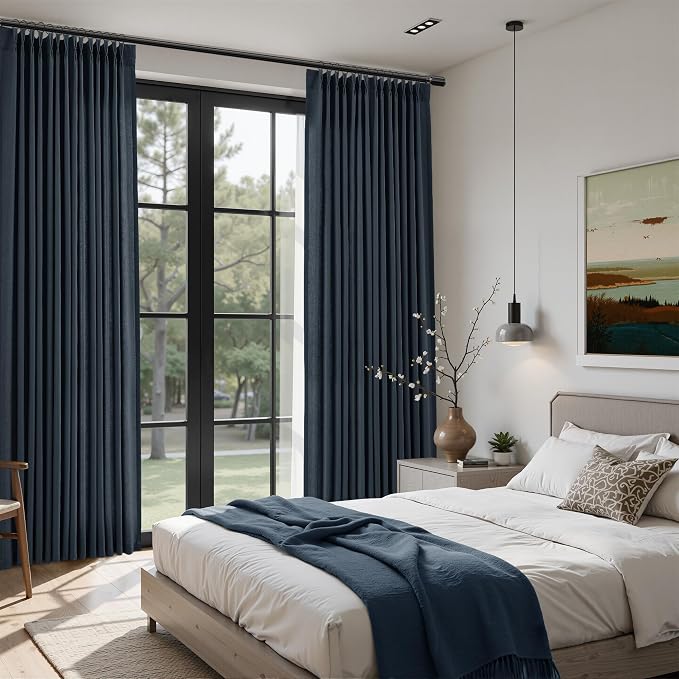 Guken Vintage Blue Pinch Pleated Linen Curtains 84 Inches Long 2 Panels Set Vintage Farmhouse Boho Window Curtain for Living Room Bedroom Semi Sheer Back Tab Draps with Hooks Rings Aesthetic Decor