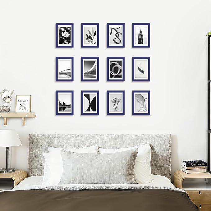 Picrit 4x6 Picture Frame Set of 12, Display 3.5x5 with Mat or 4x6 without Mat, Photo Frames for Wall Mounting or Table Top Display, Navy Blue
