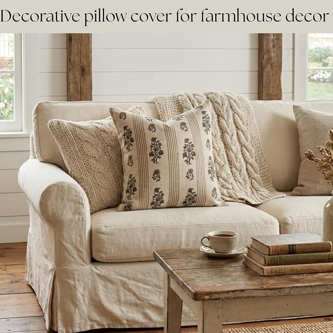Linen Throw Pillow Covers 20x20 inch Floral Pillows Stripe Spring Decorative Pillow Covers for Living Room, Bedroom