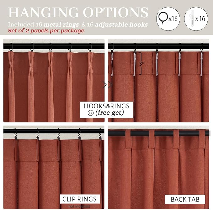 PleatedDrapes Decorative Burnt Orange Sheer Curtains 96 Inches Long for Sliding Glass Doors, Farmhouse Cottage Core Fall Pinch Pleat Linen Blend 96 Inch Curtain 2 Panel Set Light Filtering Drapes Rust