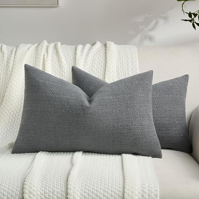 FUTEI Dark Grey Chenille Throw Pillow Covers 12x20 Inch Set of 2,Soft Striped & Diamond Textured Lumbar Pillow Cases,Modern Home Decor for Couch Living Room