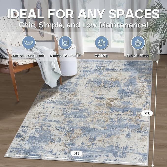 5x7 Area Rugs for Living Room Rug Washable: Modern Rug for Dining Room Bedroom Carpet Non Slip Low Pile 5 by 7 Indoor Abstract Nursery Home Office Blue