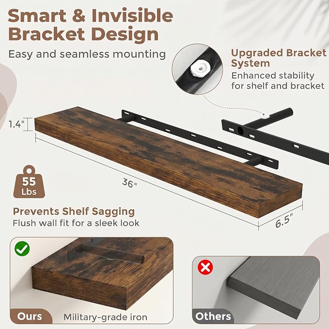 Venusmiles Floating Shelves for Wall, 36 Inch Floating Shelves Set of 2, 6.5" D Wooden Wall Mounted Display Shelves with Invisible Brackets for Living Room, Bedroom, Bathroom, Kitchen Decor, Brown