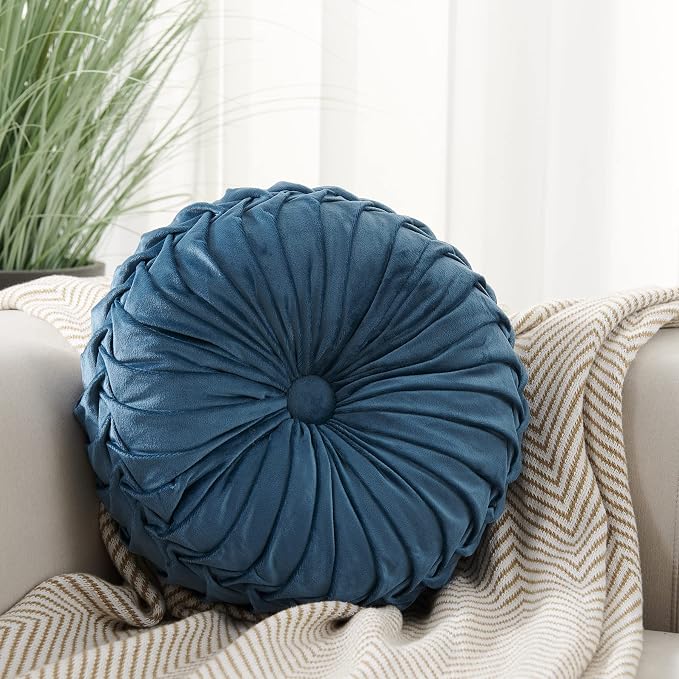 MOJUN Velvet Throw Pillow - Round, Pleated, Filled - Home Decorative Cushion for Couch, Chair, Bed, Car, Floor (Blue, 14inch)