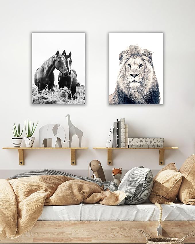 UPWOIGH Bathroom Wall Art Decor, Black and White Lion Wall Art, Waterproof Wood Framed Canvas Wall Art Animals Abstract Prints, 12"x16" High-end Pictures for Dormitory Kids Room 1 Pack