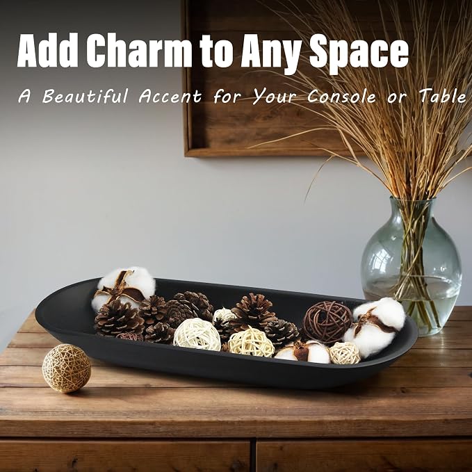 Long Decorative Bowl for Centerpiece, Dough Bowl for home decor 16" Black | Minimalist Design Dough Bowl Decor for Coffee Table and Dining Table Centerpiece. Clutter Organizer with Anti-Slip Base