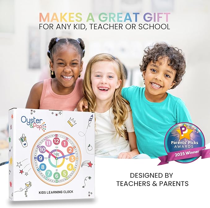 Oyster&Pop Pastel Kids Learning Clock – Award-Winning 10" Silent Non-Ticking Analog Wall Clock for Classroom & Kids Bedroom – Cute Colorful Decor & Educational Tool – Includes Teaching Time E-Book