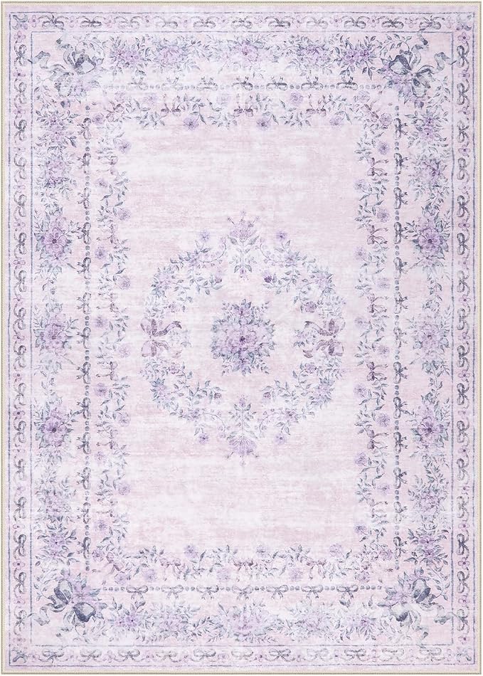 Wonnitar Floral Bow Print Purple Rug, 5x7 Washable Rug for Girls Room Decor, Ultra-Thin Non Slip Soft Boho Carpet for Bedroom Nursery Toddler Kids Room Living Room Women Office