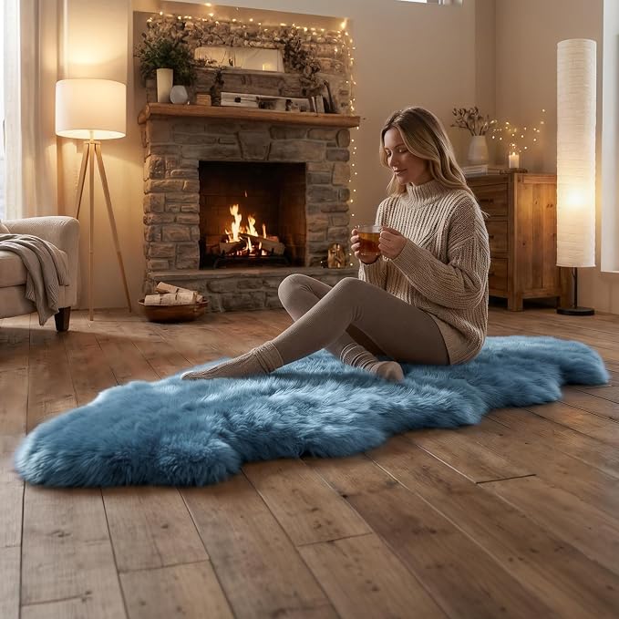 Premium Genuine Sheepskin Area Ruge - Real Wool Fur Shaggy Carpet | Fluffy Soft Natural Lambskin Rug Seat Chair Covers for Couch Sofa Bedroom Living Room(Dusty Blue,2×6 Feet Sheepskin)