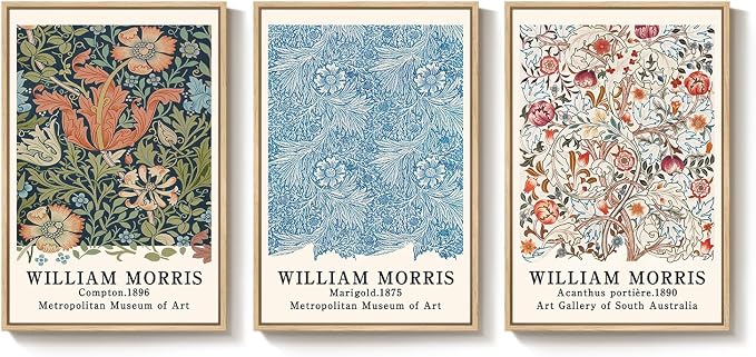 Framed William Morris Wall Art Set of 3, Large Vintage Floral Botanical Canvas Prints, Colorful Nature Artwork for Living Room, Bedroom, Hallway or Office Decor, Total Size 30x60 Inch