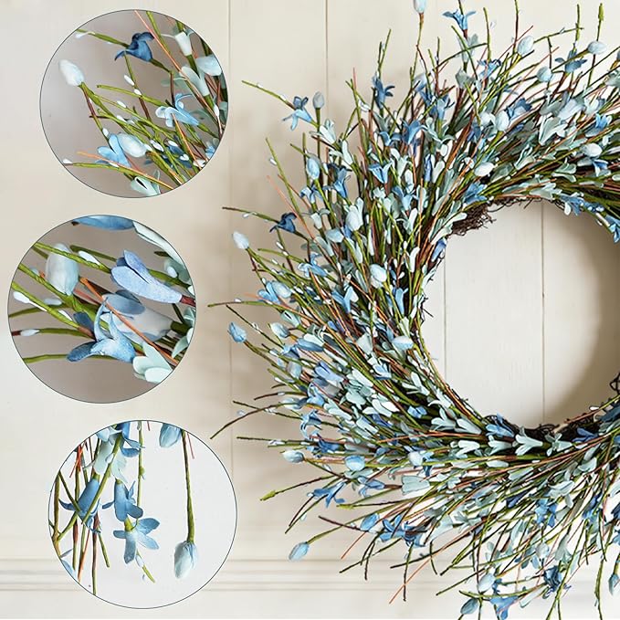 Bibelot 20inch Artificial Forsythia Flower Wreath, All Year Around Wreath for Front Door, Wedding Window Home Wall Indoor Front Door Decor (Blue, 20in)