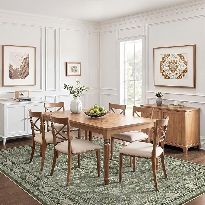 5x8 Area Rug Living Room: Washable Boho Large Neutral Vintage Soft Rugs Stain Resistant Farmhouse Non Slip Indoor Floor Carpet for Bedroom Nursery Kids Playroom Office Dining Room Home- Dark Green