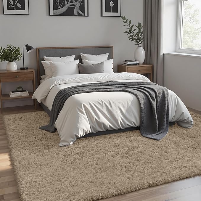 8x10 Area Rug for Living Room, Ultra Soft Fluffy Shag Rugs for Bedroom, Non-Slip Large Fuzzy Plush Rug Indoor Floor Carpet for Nursery Kids Office Dorm Modern Decor, Gray Camel
