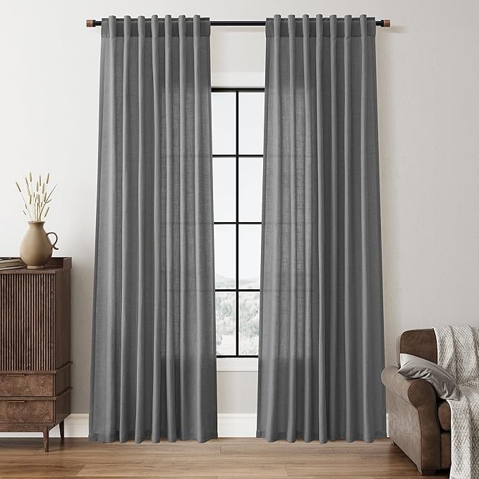 Nanspring Blazer Grey Linen Curtains 84 Inch Length for Living Room Dining 2 Panels Back Tab Pocket Light Filtering Semi Sheer Textured Curtains for Bedroom Modern Farmhouse 52x84 Long Gray
