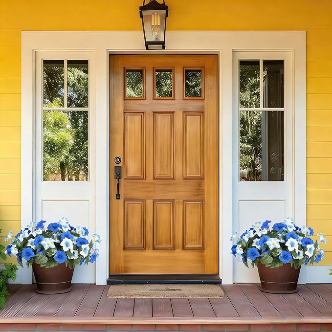 Artificial Flowers for Outdoors, Faux Petunias Spring Summer Decoration, Fake Flowers Plants UV Resistant Look Real Silk Flowers for Outside Planter Front Door Porch Patio Yard (6, Blue-White)