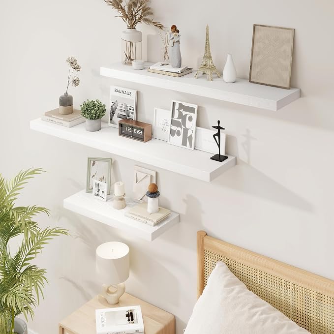 Acovy 16 Inch Floating Shelves, 9.3" Deep Floating Shelf Wall Mounted, 16" Wall Shelves, Rustic Deep Bookshelf, Large Display Shelves & Storage Shelves for Bedroom, Living Room, White, Set of 2
