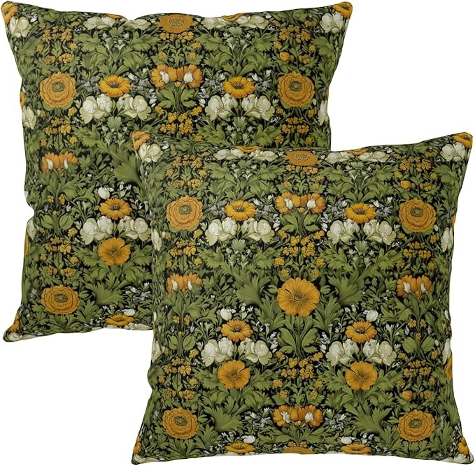 Dark Green Plant Floral Pillow Covers 16x16 Sage Green Botanical Throw Pillow Covers Fern Leaf White Orange Flowers Pillowcase Vintage Wildflower Cushion Case for Couch Sofa 2 Pack
