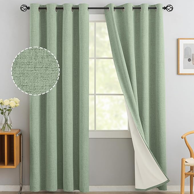 Yakamok Light Sage Green Linen Curtains 100% Blackout 84 Inches Long,Room Darkening Textured Curtains for Living Room Thermal Grommet Bedroom Curtains 2 Panels with White Liner