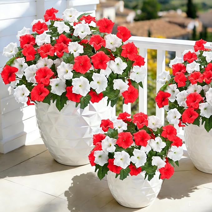 MARTINE MALL Artificial Flowers for Outdoors, 4 Bundles Realistic Fake Outdoor Flowers, UV Resistant Silk Petunia Flower for Outside Look Real Faux Flower Plants for Outdoor Porch Decor, Red White